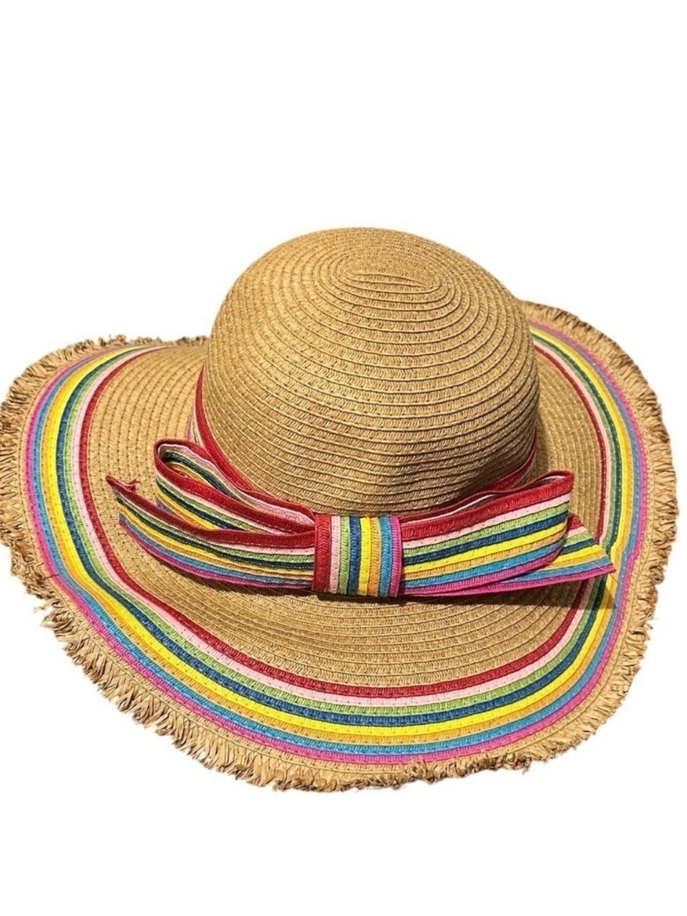 NWOT Betsy Johnson Rainbow Striped Straw Hat Fringe Edges Bow